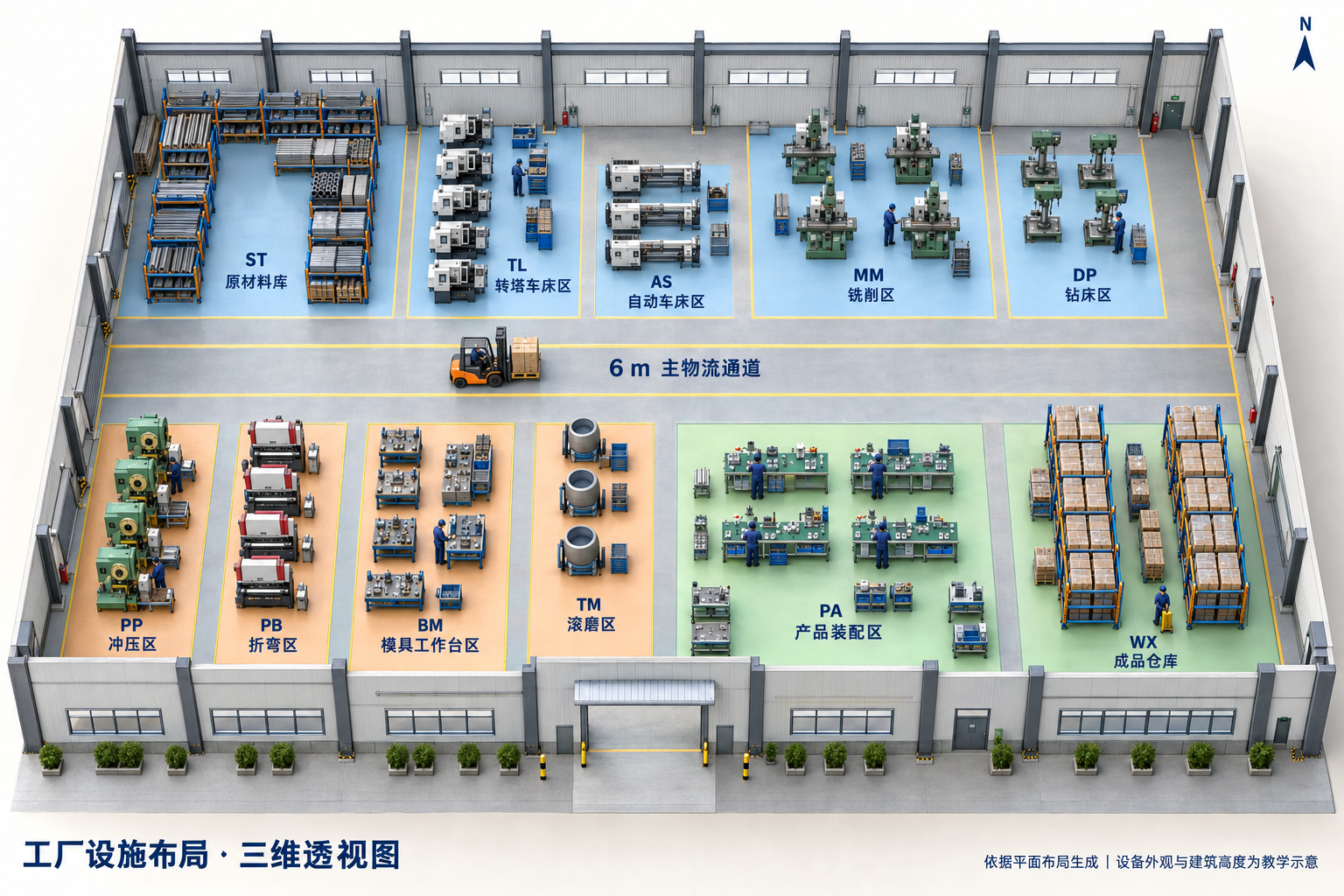 工厂鸟瞰图，北排为原料库和机加工区，南排为冲压、折弯、模具、滚磨、装配和成品仓库